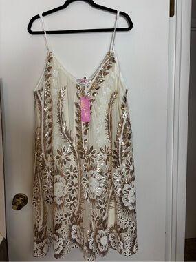 Southern Fried Chics Ivory & Gold Sequin Floral Slip Dress